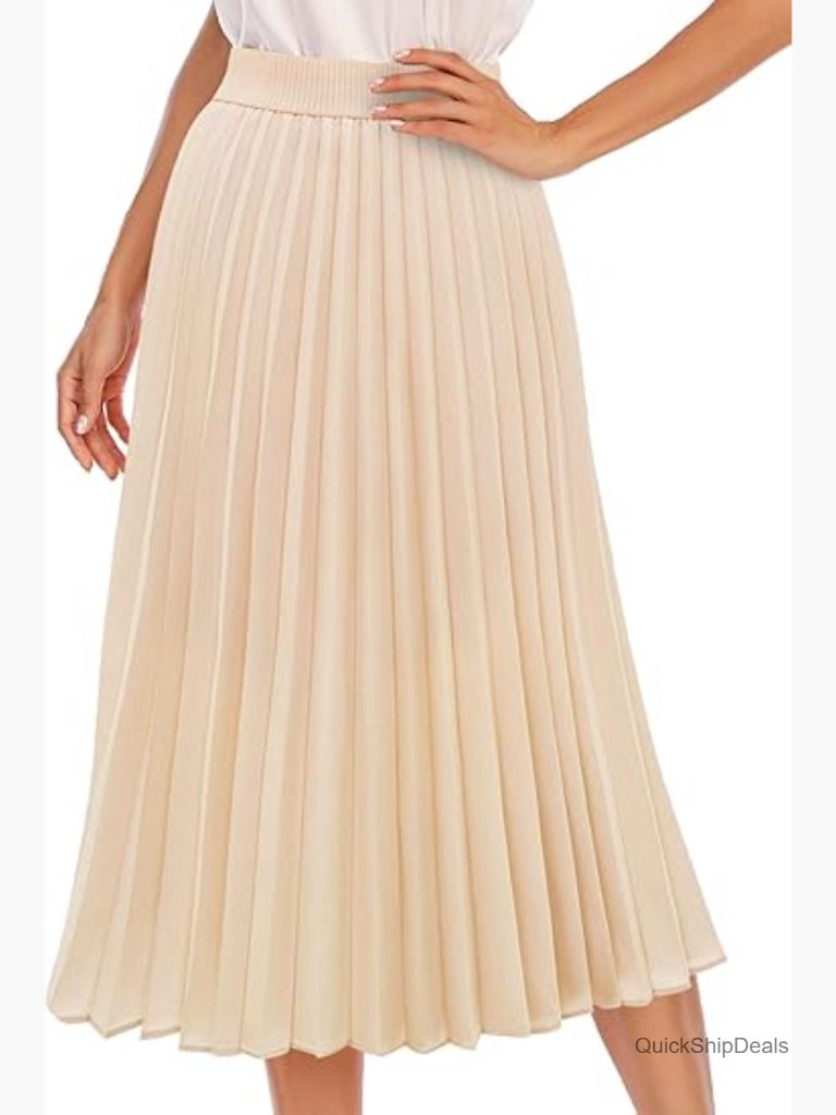 Pleated Midi Skirt Elastic High Waist Chiffon A-Line